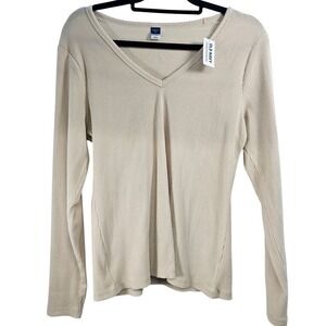 Old Navy Ribbed V Neck Long Sleeve‎ Plush Tee Top Womens XL Beige New With Tags